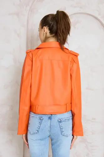Kadın Turuncu Kemerli Deri ceket-Turuncu - 8