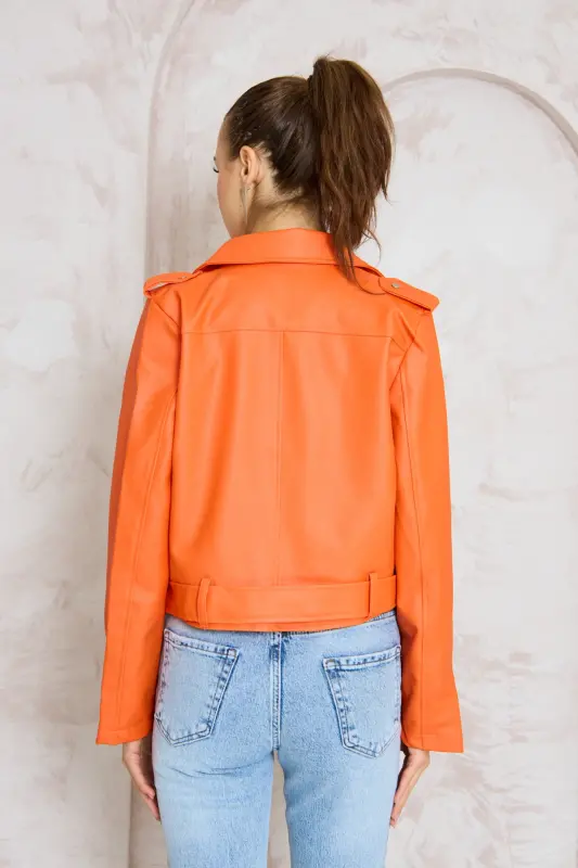 Kadın Turuncu Kemerli Deri ceket-Turuncu - 8
