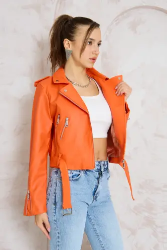 Kadın Turuncu Kemerli Deri ceket-Turuncu - ALINTERYY (1)