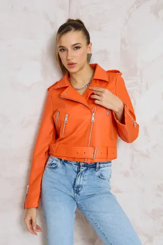 Kadın Turuncu Kemerli Deri ceket-Turuncu - 5