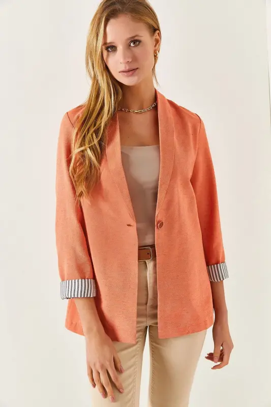 Kadın Turuncu Kol Içi Çizgili Tek Düğmeli Ceket Arm-22k001122-Turuncu - 3