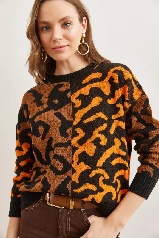 Kadın Turuncu Leopar Bloklu Triko Kazak KZK-19000832-Turuncu - 2