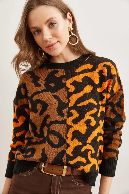 Kadın Turuncu Leopar Bloklu Triko Kazak KZK-19000832-Turuncu - 3