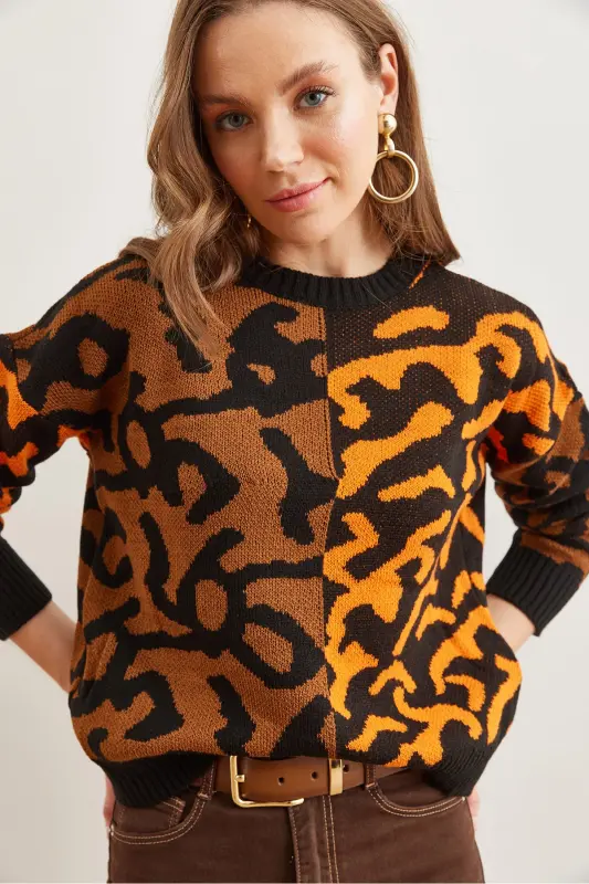 Kadın Turuncu Leopar Bloklu Triko Kazak KZK-19000832-Turuncu - 4