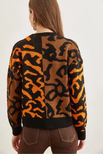 Kadın Turuncu Leopar Bloklu Triko Kazak KZK-19000832-Turuncu - 5
