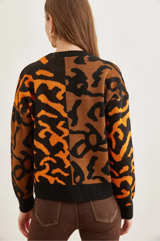 Kadın Turuncu Leopar Bloklu Triko Kazak KZK-19000832-Turuncu - 5