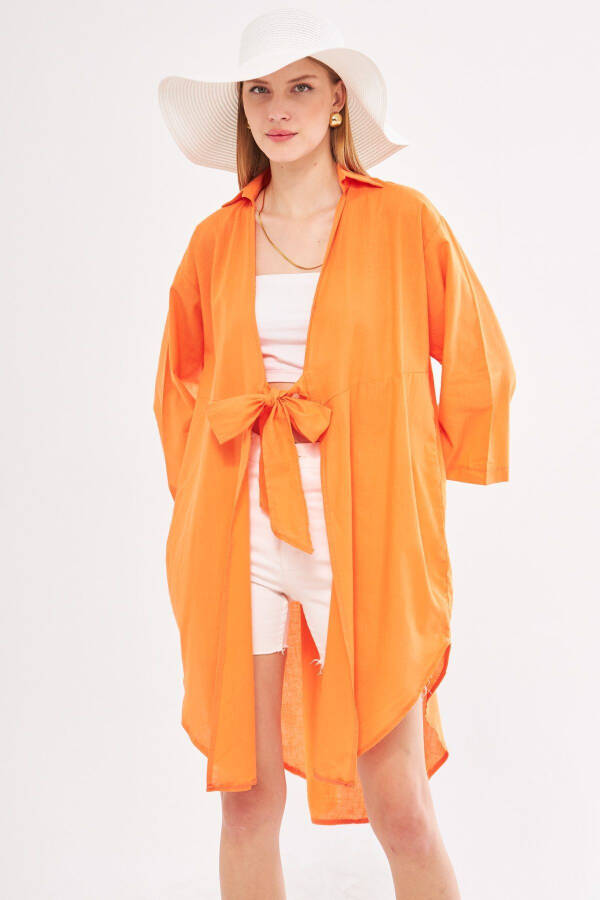 Kadın Turuncu Önden Bağlamalı İnce Keten Kumaş Midi Boy Kimono Gömlek ARM-24Y001081-Turuncu - 3