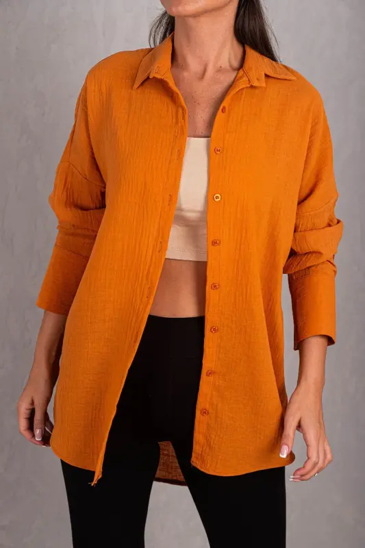 Kadın Turuncu Oversize Dokulu Keten Görünümlü Geniş Manşetli Gömlek Arm-24k001001-Turuncu - 1