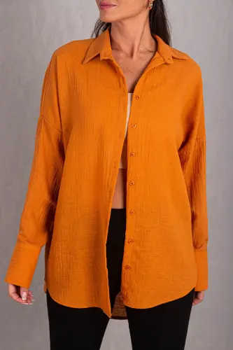 Kadın Turuncu Oversize Dokulu Keten Görünümlü Geniş Manşetli Gömlek Arm-24k001001-Turuncu - 2