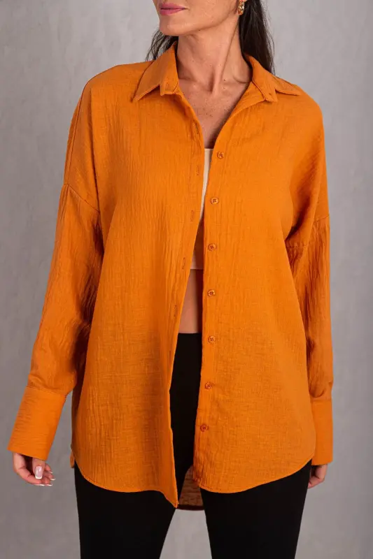 Kadın Turuncu Oversize Dokulu Keten Görünümlü Geniş Manşetli Gömlek Arm-24k001001-Turuncu - 2