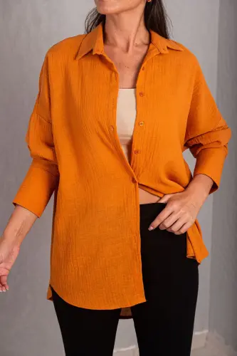 Kadın Turuncu Oversize Dokulu Keten Görünümlü Geniş Manşetli Gömlek Arm-24k001001-Turuncu - 3