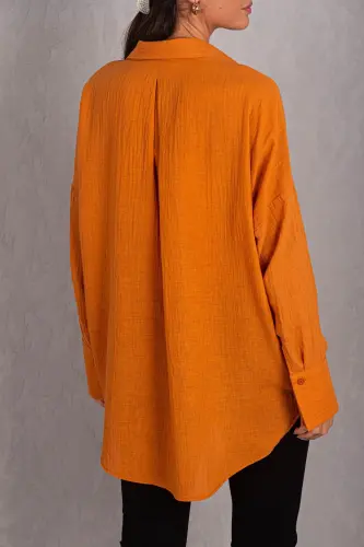 Kadın Turuncu Oversize Dokulu Keten Görünümlü Geniş Manşetli Gömlek Arm-24k001001-Turuncu - 4