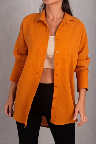 Kadın Turuncu Oversize Dokulu Keten Görünümlü Geniş Manşetli Gömlek Arm-24k001001-Turuncu 