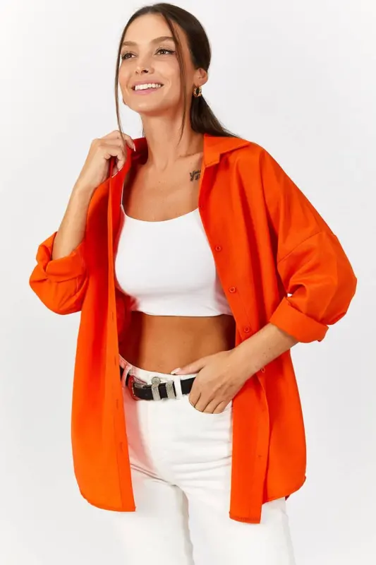 Kadın Turuncu Oversize Uzun Basic Gömlek ARM-22Y001118-Turuncu - 3