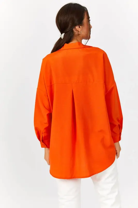 Kadın Turuncu Oversize Uzun Basic Gömlek ARM-22Y001118-Turuncu - 4