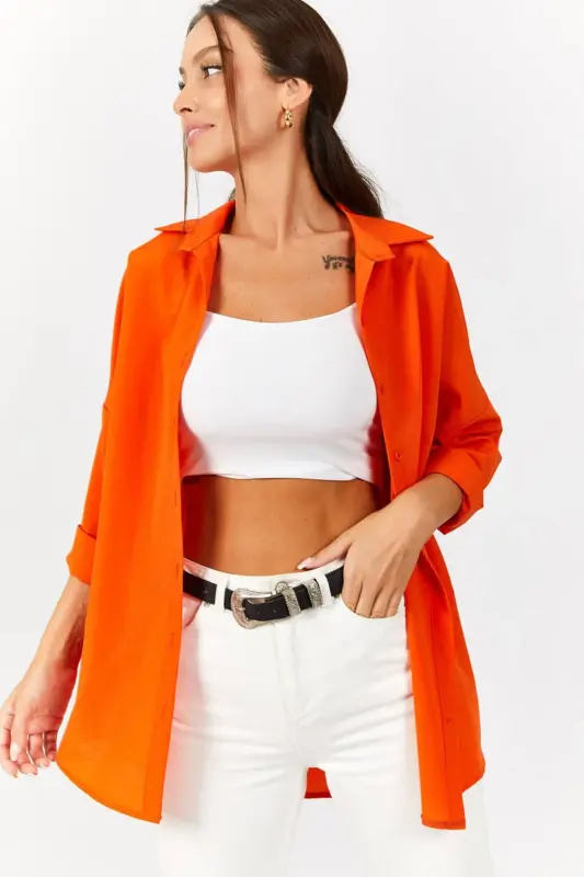 Kadın Turuncu Oversize Uzun Basic Gömlek ARM-22Y001118 - Turuncu - 8