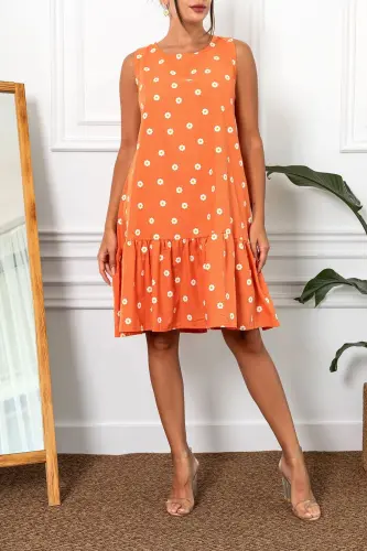 Kadın Turuncu Papatya Desen Kolsuz Eteği Fırfırlı Elbise ARM-22Y001123-Turuncu 