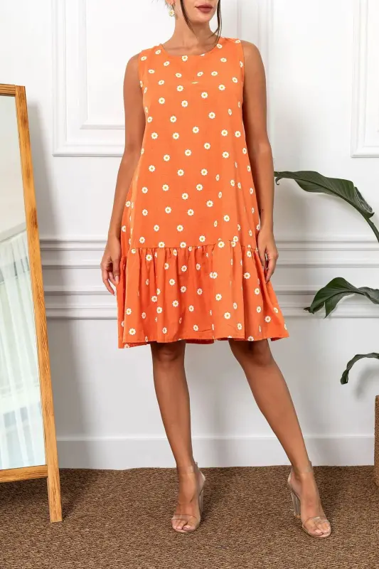 Kadın Turuncu Papatya Desen Kolsuz Eteği Fırfırlı Elbise ARM-22Y001123-Turuncu - 1