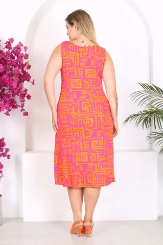 Kadın Turuncu Pembe Labirent Desenli Büyük Beden Askılı Elbise-Turuncu Pembe - 6