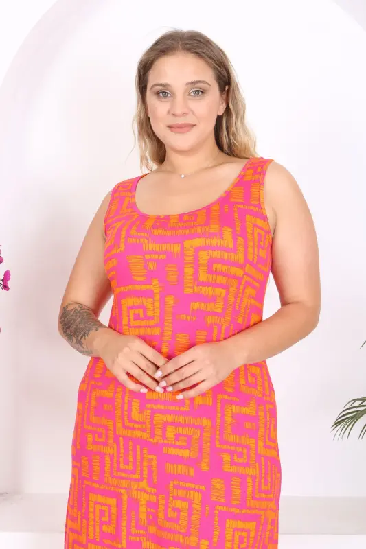 Kadın Turuncu Pembe Labirent Desenli Büyük Beden Askılı Elbise-Turuncu Pembe - 5