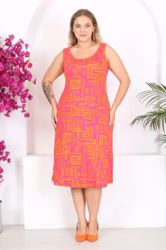 Kadın Turuncu Pembe Labirent Desenli Büyük Beden Askılı Elbise-Turuncu Pembe - MADWILO (1)