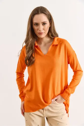 Kadın Turuncu Polo Yaka Basic Triko Kazak KZK-19000871-Turuncu - 5