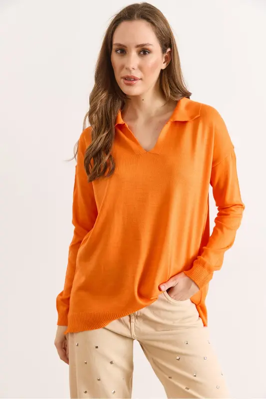 Kadın Turuncu Polo Yaka Basic Triko Kazak KZK-19000871-Turuncu - 6