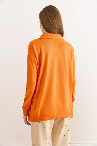 Kadın Turuncu Polo Yaka Basic Triko Kazak KZK-19000871-Turuncu - OLALOOK (1)
