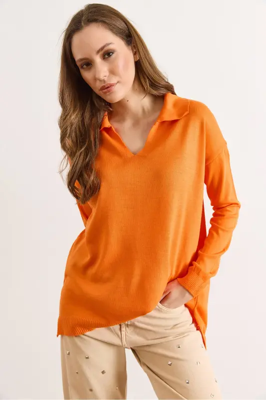 Kadın Turuncu Polo Yaka Basic Triko Kazak KZK-19000871 - Turuncu - 4