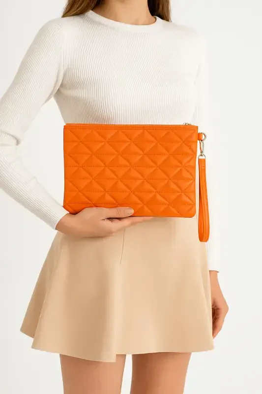 Turuncu Üçgen Desenli Portföy Clutch El Çantası-Turuncu - BAGFONI