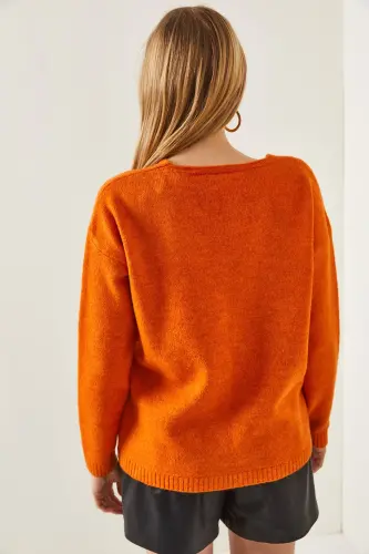 Kadın Turuncu V Yaka Yumuşak Dokulu Triko Kazak KZK-19000598-Turuncu - 5