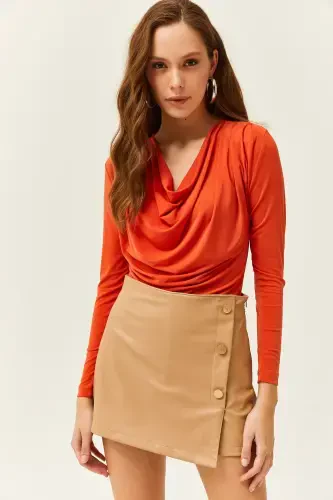 Kadın Turuncu Vatkalı Pileli Degaje Yaka Bluz BLZ-19002419-Turuncu - OLALOOK (1)