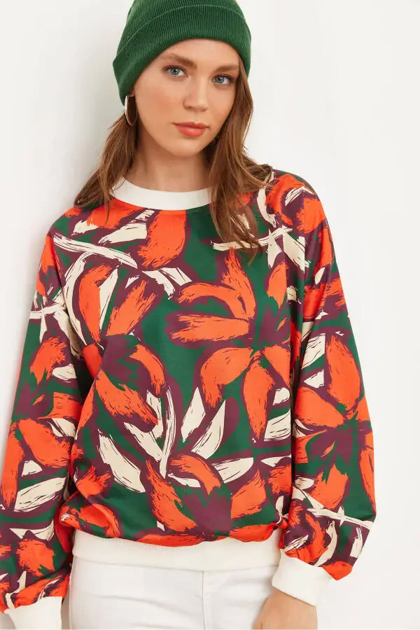 Kadın Turuncu Yeşil Basic Yumuşak Dokulu Salaş Sweatshirt SWT-19000457-Turuncu Yeşil - 1