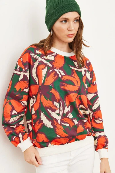 Kadın Turuncu Yeşil Basic Yumuşak Dokulu Salaş Sweatshirt SWT-19000457-Turuncu Yeşil - 2