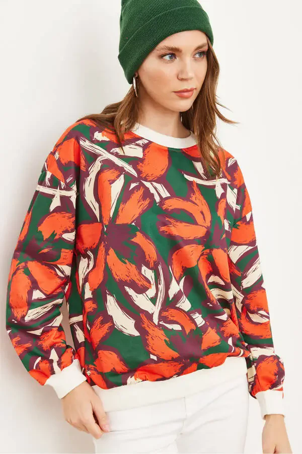 Kadın Turuncu Yeşil Basic Yumuşak Dokulu Salaş Sweatshirt SWT-19000457-Turuncu Yeşil - 2