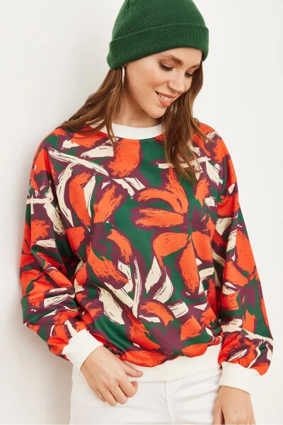 Kadın Turuncu Yeşil Basic Yumuşak Dokulu Salaş Sweatshirt SWT-19000457-Turuncu Yeşil - 3