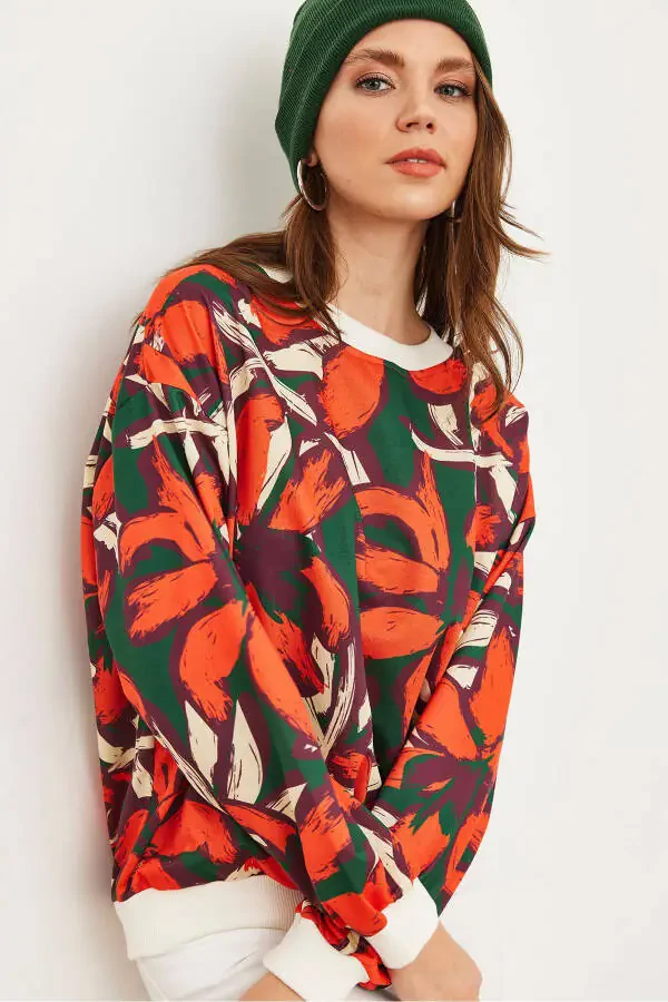 Kadın Turuncu Yeşil Basic Yumuşak Dokulu Salaş Sweatshirt SWT-19000457-Turuncu Yeşil - 4