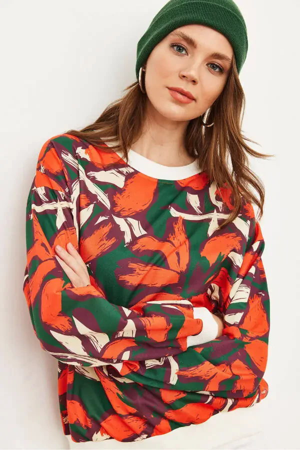 Kadın Turuncu Yeşil Basic Yumuşak Dokulu Salaş Sweatshirt SWT-19000457-Turuncu Yeşil - 6