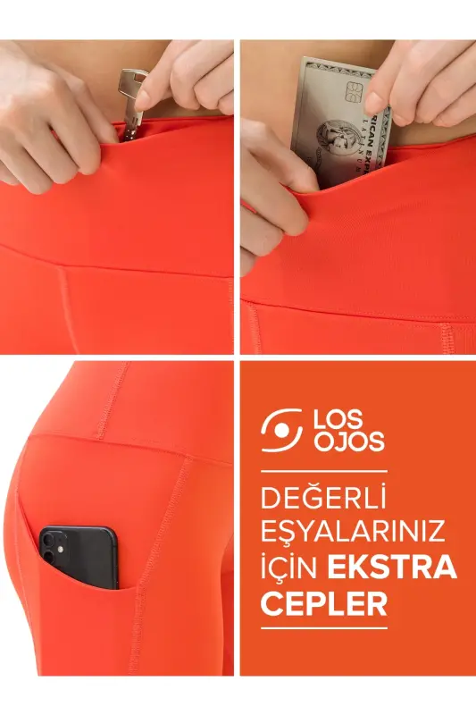 Kadın Turuncu Yüksek Belli Çift Cepli Tayt-Turuncu - 4