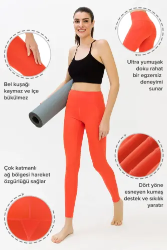 Kadın Turuncu Yüksek Belli Çift Cepli Tayt-Turuncu - 3