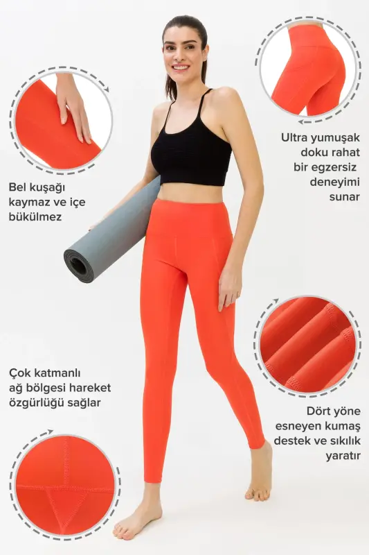 Kadın Turuncu Yüksek Belli Çift Cepli Tayt-Turuncu - 3