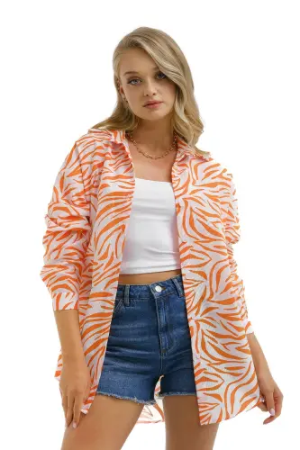 Kadın Turuncu Zebra Desen Oversize Uzun Basic Gömlek Arm-22y001145-Turuncu 
