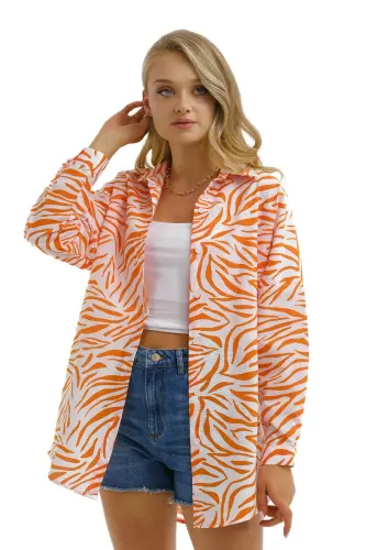 Kadın Turuncu Zebra Desen Oversize Uzun Basic Gömlek Arm-22y001145-Turuncu - ARMONIKA (1)