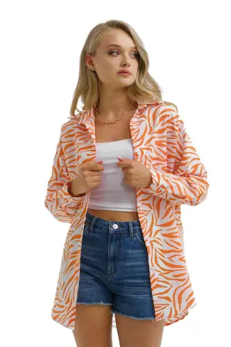 Kadın Turuncu Zebra Desen Oversize Uzun Basic Gömlek Arm-22y001145-Turuncu - 3
