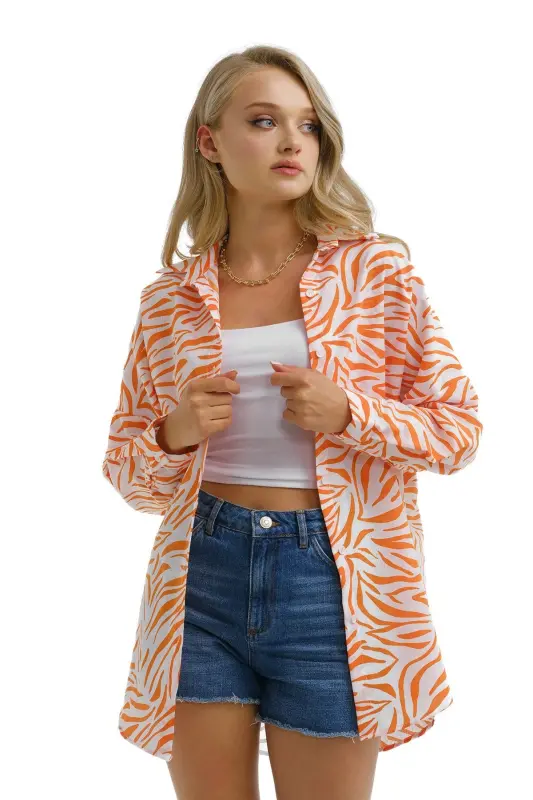 Kadın Turuncu Zebra Desen Oversize Uzun Basic Gömlek Arm-22y001145-Turuncu - 3