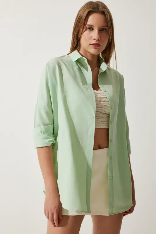 Kadın Uçuk Yeşil Oversize Uzun Basic Gömlek DD00842-Uçuk Yeşil - 3