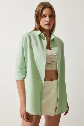 Kadın Uçuk Yeşil Oversize Uzun Basic Gömlek DD00842-Uçuk Yeşil - 4