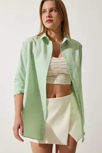 Kadın Uçuk Yeşil Oversize Uzun Basic Gömlek DD00842-Uçuk Yeşil - HAPPINESS İSTANBUL (1)