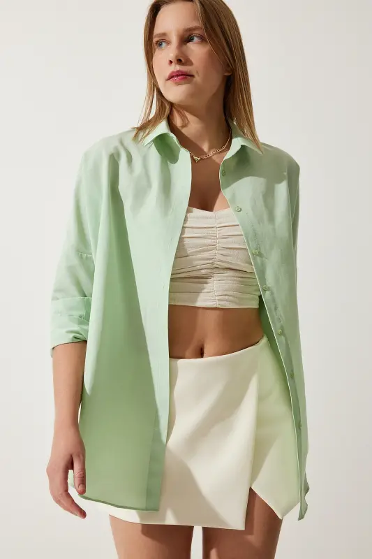 Kadın Uçuk Yeşil Oversize Uzun Basic Gömlek DD00842-Uçuk Yeşil - 2