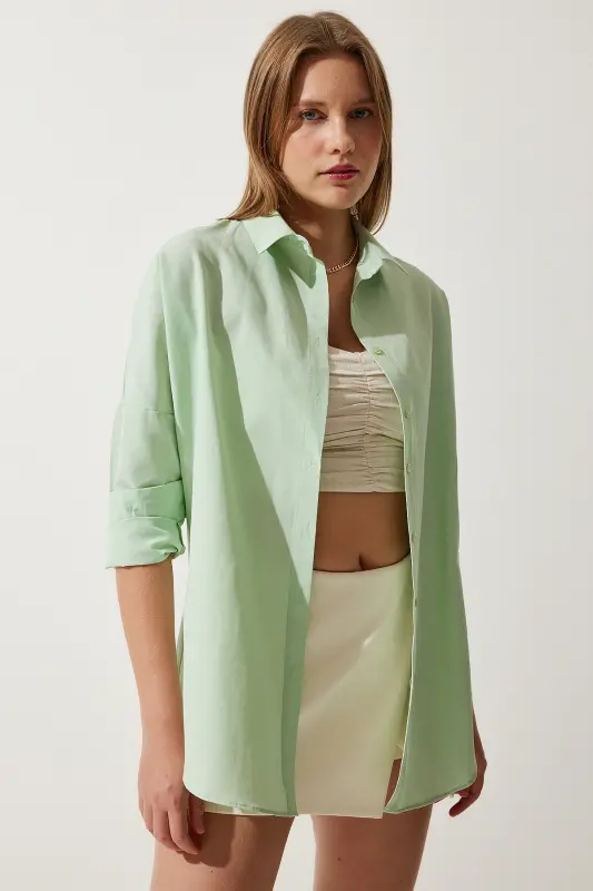 Kadın Uçuk Yeşil Oversize Uzun Basic Gömlek DD00842-Uçuk Yeşil - 4